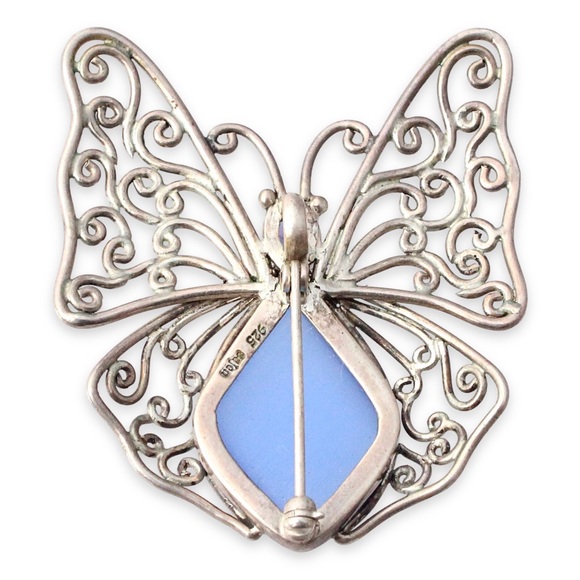 Sajen Sterling Silver Butterfly Pendant / Brooch Blue Cat’s Eye Glass Stone - Picture 3 of 5